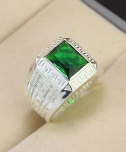 Nhẫn bạc nam mặt đá phong thủy xanh lá NNA0381